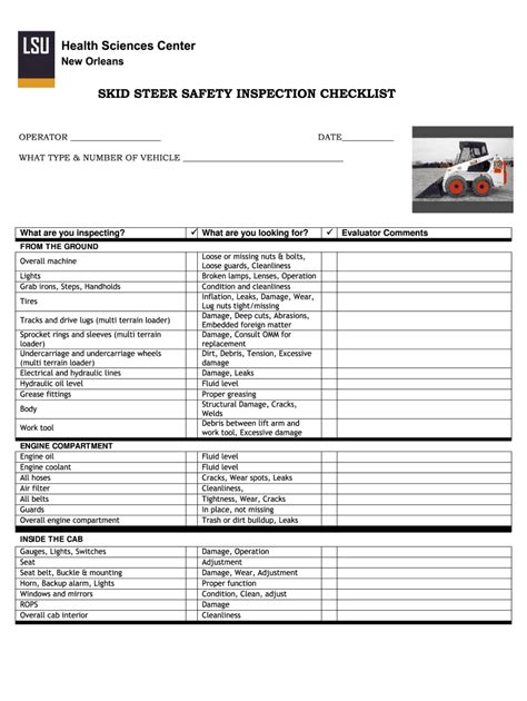 skid steer pre operation checklist|bobcat checklist template.